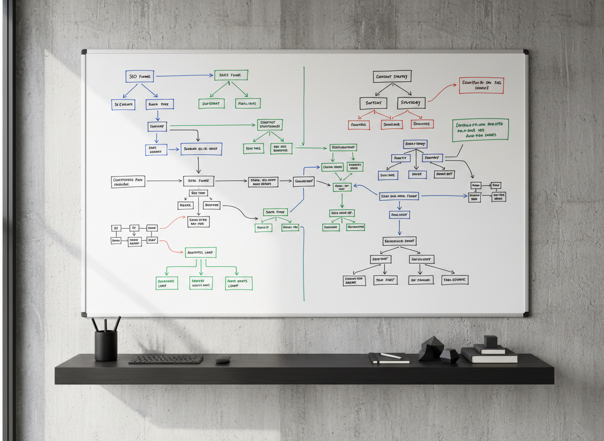 An impeccable whiteboard mounted on a textured concrete wall, densely yet neatly filled with color-coded flowcharts and strategy diagrams in erasable markers. Below, a collection of minimal matte-black and silver office supplies are arranged methodically on a floating shelf. The setting is bathed in bright, natural daylight streaming in from the left—creating crisp, clean contrasts and subtle specular highlights without harsh shadows. The shot is captured at eye-level, employing a symmetrical composition that emphasizes structure and clarity. The overall feeling is dynamic yet composed, evoking the methodical nature of campaign management in a digital marketing context.