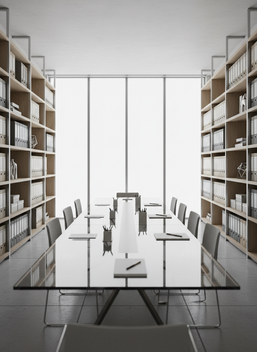 A sleek, modern workspace featuring a polished glass-topped conference table with subtle reflections, surrounded by structured shelving filled with neatly arranged neutral-toned binders and metallic desktop accessories. The room is illuminated by soft, diffused daylight streaming through expansive frosted windows, creating gentle highlights and faint shadows across the clean, uncluttered surfaces. The composition is balanced using the rule of thirds, with the table centered and continuous lines leading the eye through the structured space. The mood is calm, professional, and orderly, reinforced by photographic realism and a minimalist corporate aesthetic—perfectly reflecting an experienced digital marketing agency's environment.