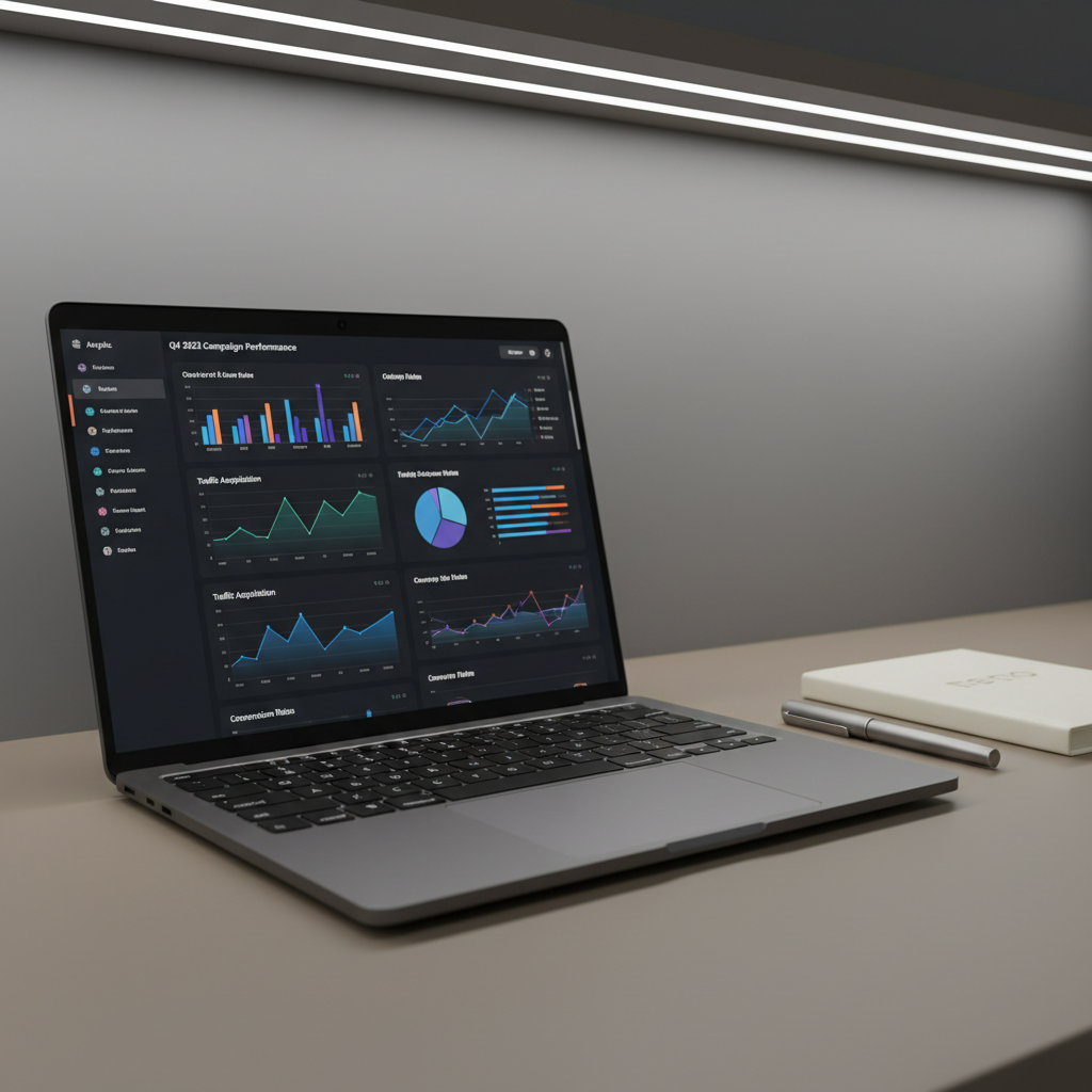 A close-up of a matte charcoal laptop open on a smooth, taupe desk, displaying a highly detailed, analytic dashboard on the screen with crisp graphical elements. Nearby, an elegant, slim notebook and a brushed metal pen rest parallel, enhancing the tidy look. Neutral gray walls form a soft backdrop, with indirect overhead LED lighting producing a shadowless, even glow that highlights the textures and clarity of each item. Shot at a slightly elevated angle with a sharp focus on foreground details and subtle bokeh in the background, the image exudes an organized, structured, and highly professional atmosphere, aligning with the refined aesthetic of a leading digital marketing firm.