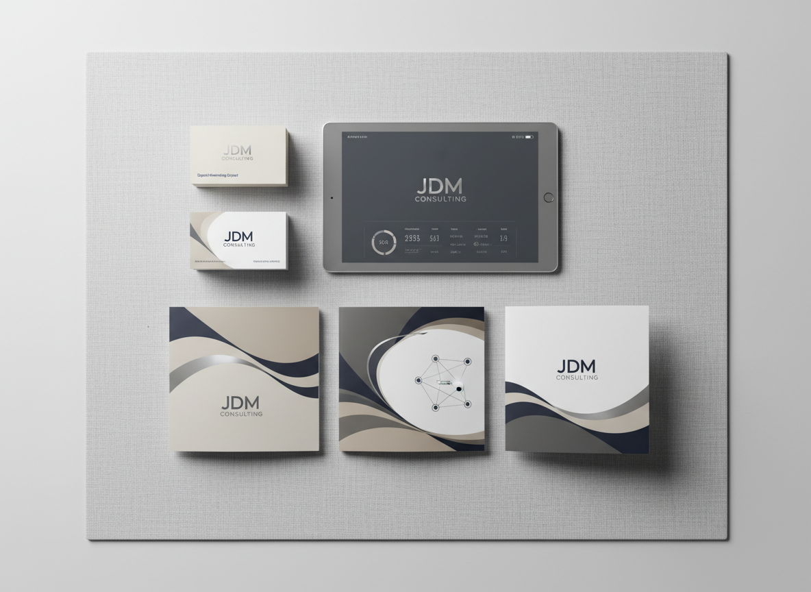 A stylized flat-lay of printed marketing materials, including elegant business cards, glossy campaign strategy brochures, and a minimalist analytics report displayed on a muted gray tablet, all meticulously arranged atop a textured linen workspace mat. Neutral colors dominate, accented by refined metallic and navy blue brand elements. The composition is geometric and organized, with each object aligning to form a visually pleasing grid. Soft, indirect studio lighting casts even illumination and gentle shadows, lending depth while maintaining clarity. The scene embodies an air of innovative professionalism and structured creativity, in line with JDM Consulting’s digital marketing expertise.