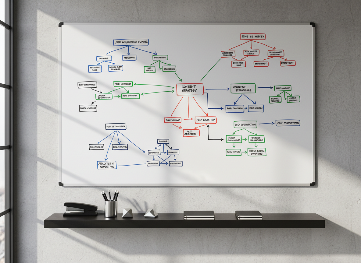 An impeccable whiteboard mounted on a textured concrete wall, densely yet neatly filled with color-coded flowcharts and strategy diagrams in erasable markers. Below, a collection of minimal matte-black and silver office supplies are arranged methodically on a floating shelf. The setting is bathed in bright, natural daylight streaming in from the left—creating crisp, clean contrasts and subtle specular highlights without harsh shadows. The shot is captured at eye-level, employing a symmetrical composition that emphasizes structure and clarity. The overall feeling is dynamic yet composed, evoking the methodical nature of campaign management in a digital marketing context.