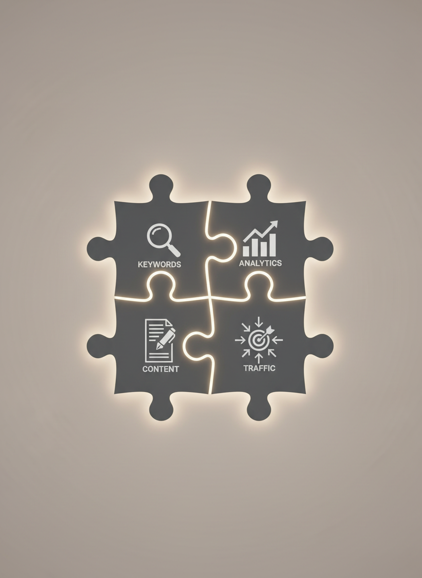 An SEO concept visualized by a series of interlocking, matte slate-gray puzzle pieces on a minimalist, pale taupe surface. Each puzzle piece is imprinted with clean, white iconography symbolizing keywords, analytics, content, and traffic. Surrounding the arrangement are subtle shadows and soft rim lighting from hidden LEDs, lending depth and visual separation. Captured from an overhead, bird's eye perspective with sharp focus across all elements, the image communicates structure and cohesion. The artistic style is corporate, streamlined, and photographic, reinforcing the agency’s expertise in structured digital strategies.