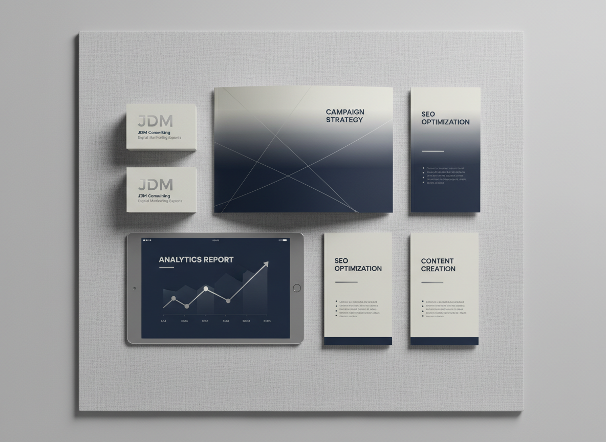 A stylized flat-lay of printed marketing materials, including elegant business cards, glossy campaign strategy brochures, and a minimalist analytics report displayed on a muted gray tablet, all meticulously arranged atop a textured linen workspace mat. Neutral colors dominate, accented by refined metallic and navy blue brand elements. The composition is geometric and organized, with each object aligning to form a visually pleasing grid. Soft, indirect studio lighting casts even illumination and gentle shadows, lending depth while maintaining clarity. The scene embodies an air of innovative professionalism and structured creativity, in line with JDM Consulting’s digital marketing expertise.