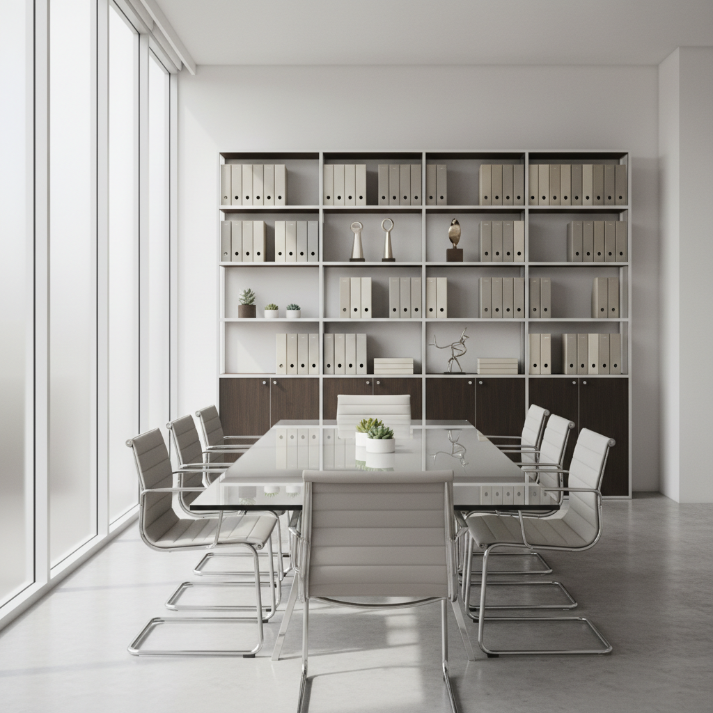 A sleek, modern workspace featuring a polished glass-topped conference table with subtle reflections, surrounded by structured shelving filled with neatly arranged neutral-toned binders and metallic desktop accessories. The room is illuminated by soft, diffused daylight streaming through expansive frosted windows, creating gentle highlights and faint shadows across the clean, uncluttered surfaces. The composition is balanced using the rule of thirds, with the table centered and continuous lines leading the eye through the structured space. The mood is calm, professional, and orderly, reinforced by photographic realism and a minimalist corporate aesthetic—perfectly reflecting an experienced digital marketing agency's environment.
