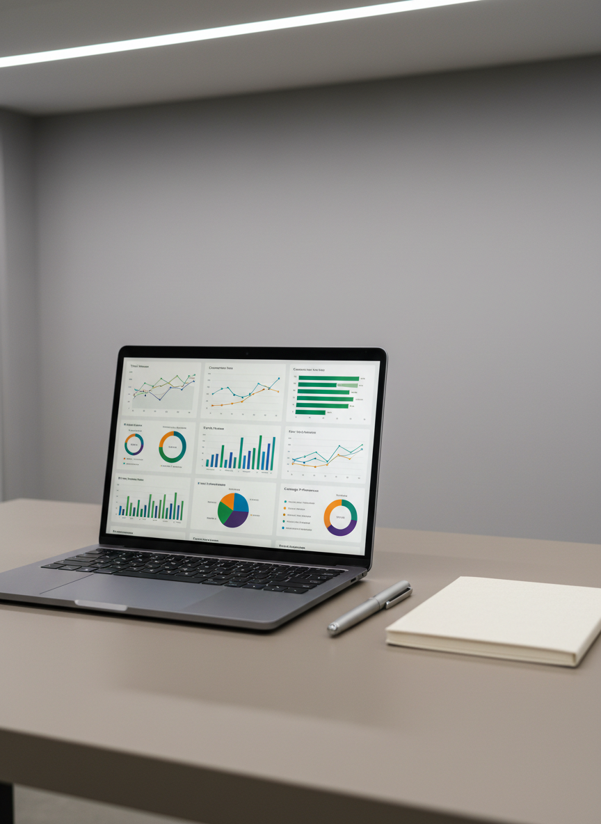 A close-up of a matte charcoal laptop open on a smooth, taupe desk, displaying a highly detailed, analytic dashboard on the screen with crisp graphical elements. Nearby, an elegant, slim notebook and a brushed metal pen rest parallel, enhancing the tidy look. Neutral gray walls form a soft backdrop, with indirect overhead LED lighting producing a shadowless, even glow that highlights the textures and clarity of each item. Shot at a slightly elevated angle with a sharp focus on foreground details and subtle bokeh in the background, the image exudes an organized, structured, and highly professional atmosphere, aligning with the refined aesthetic of a leading digital marketing firm.